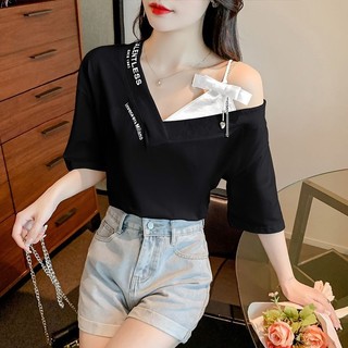 Áo thun ngắn tay quây cổ chéo không đều dành cho nữ 2024 dáng rộng cổ chữ V sang trọng xương đòn thiết kế độc đáo hàng đầu 7.4