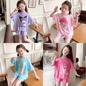 Trẻ Em Mỏng Bộ Đồ Ngủ 100-150 Kích Thước Bé Gái Mùa Hè Tay Ngắn Phù Hợp Với Bé Gái Nhà Quần Áo Hoạt Hình Kuromi Bộ Đồ Ngủ FKYS