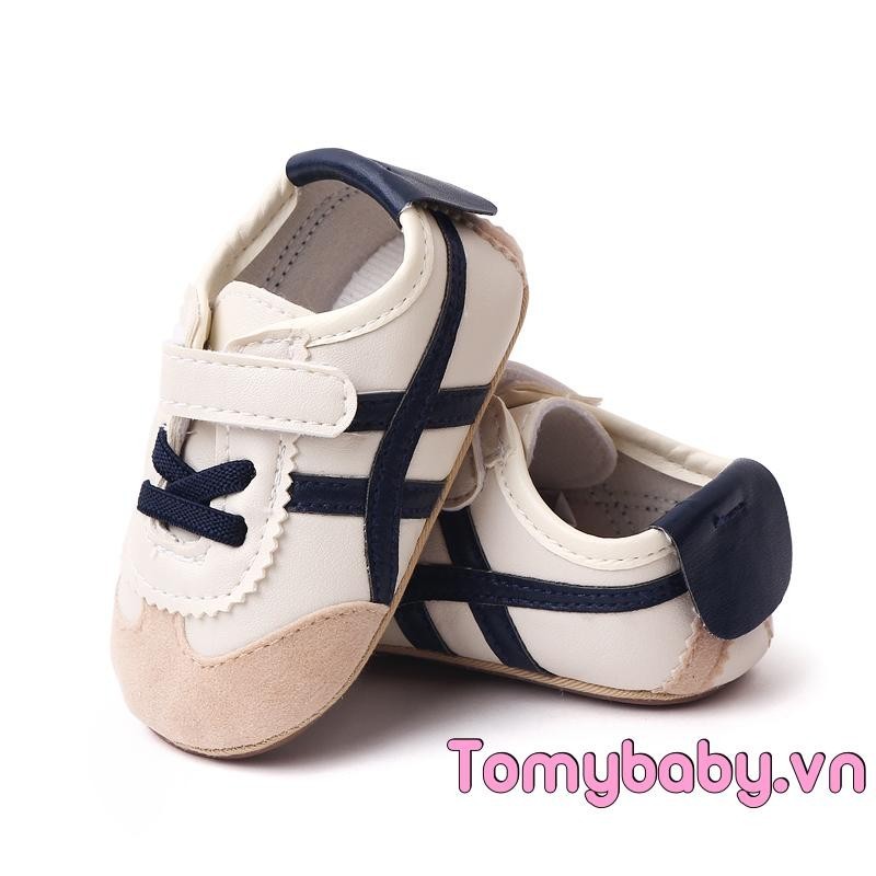 Bé Moccasins Giày Thể Thao Màu Sắc Tương Phản Sọc Da PU Chống Trơn Trượt Đế Prewalker Giày Tập Đi Đầu Tiên Cho Bé Trai Bé Gái
