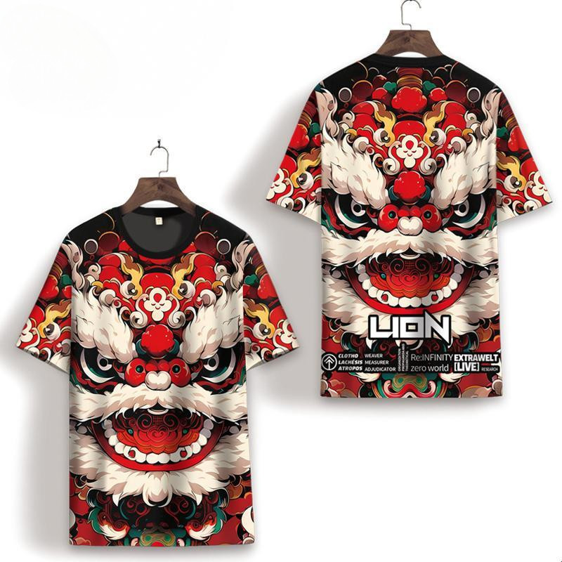 Áo thun ngắn tay phong cách Trung Quốc Nam mùa hè Thời trang mới Lion Dance In plus Size dáng rộng và mỏng thoáng khí tay ngắn