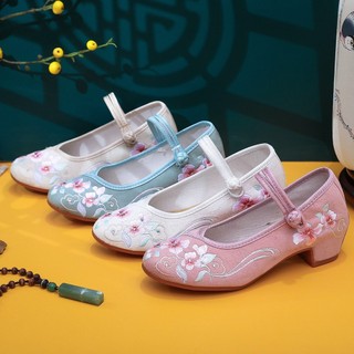 Linglan Phong Cách Mới Vuông Gót Phù Hợp Với Sườn Xám Hanfu Giày Phong Cách Dân Tộc Giày Đơn Thêu Giày