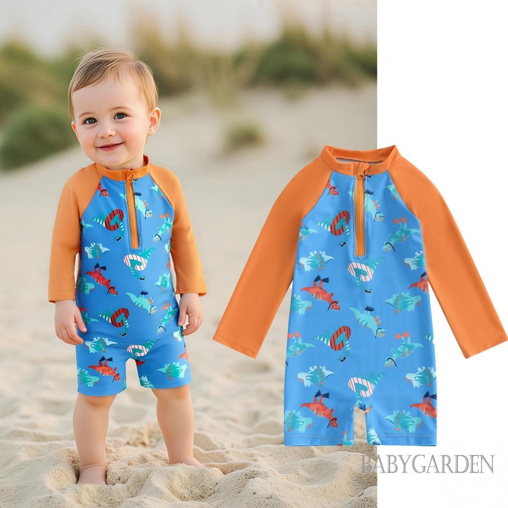 / / -6M-4Y Baby Boy Rash Guard Đồ bơi in hình khủng Long dài tay Mock Cổ Zip Bộ đồ tắm