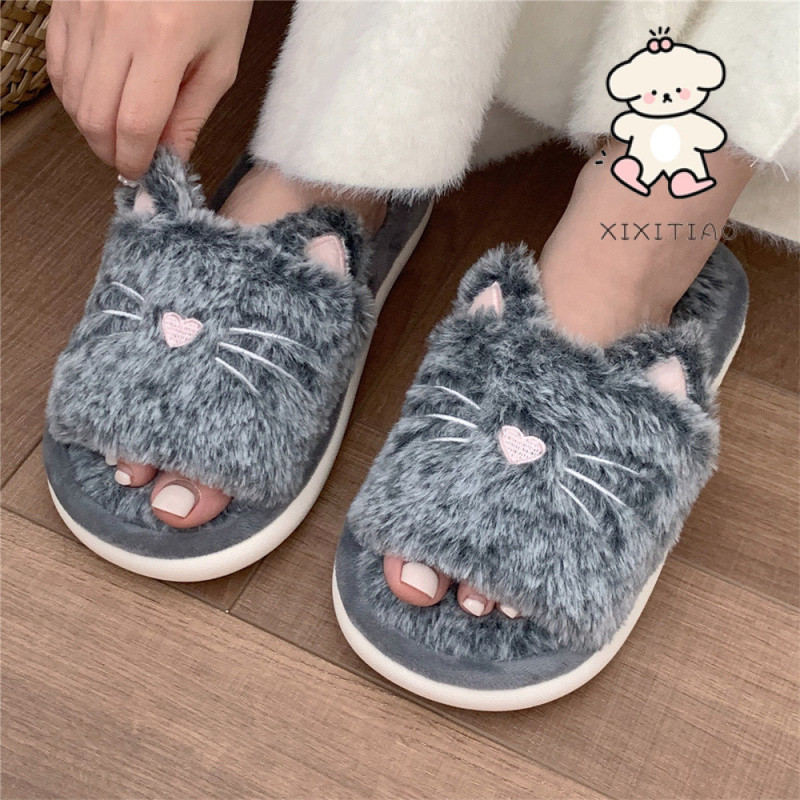 Xixitiao Dép Nữ Hoạt Hình Dễ Thương Ấm Áp Đế Mềm Mèo Con Nhà Trong Nhà