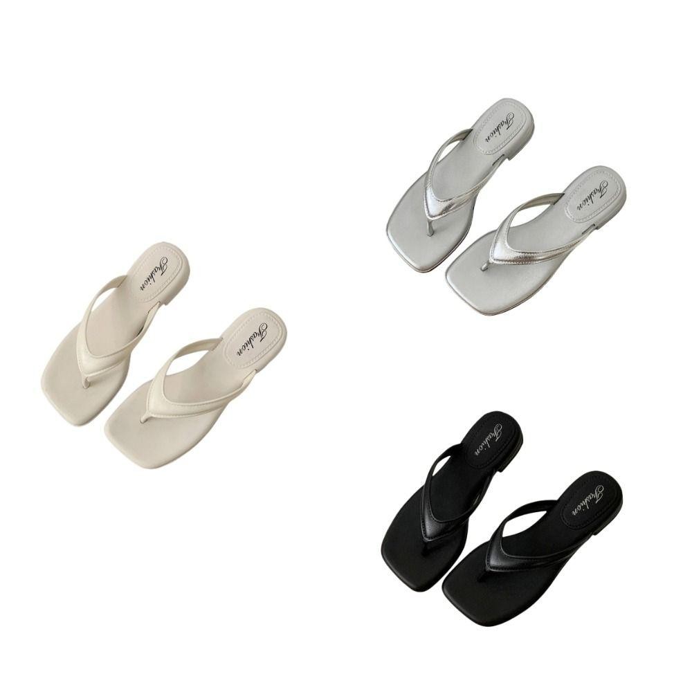 Dép xỏ ngón JSJJING đế chống trượt vuông thanh lịch, màu trơn, đi biển, trong nhà ngoài trời