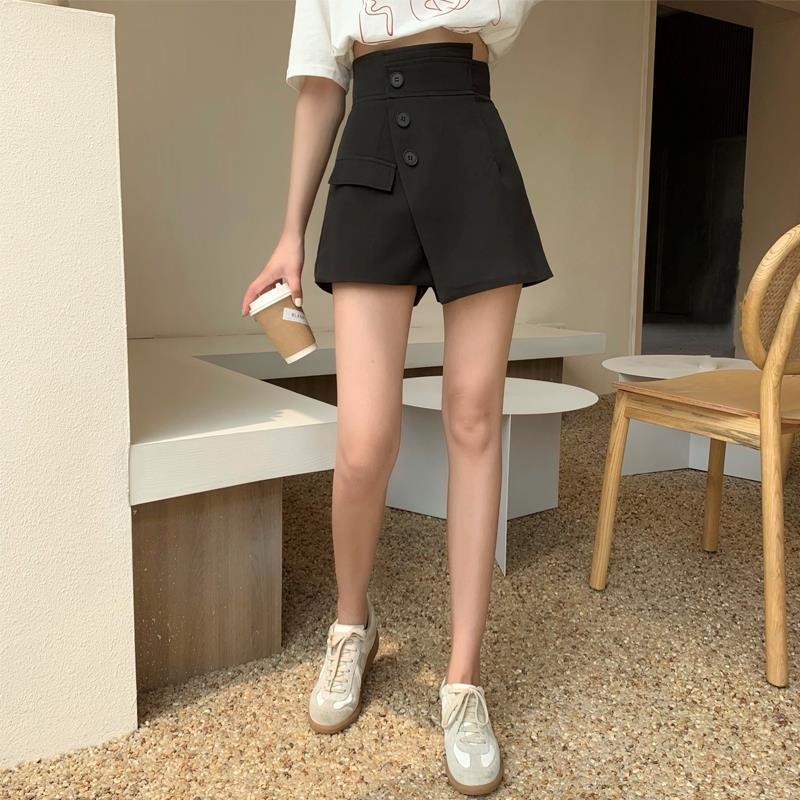 Váy Size Lớn Mùa Hè Eo Cao Chữ A Váy Ôm Hơn Nhìn Không Đều Đen Culottes Váy Ngắn
