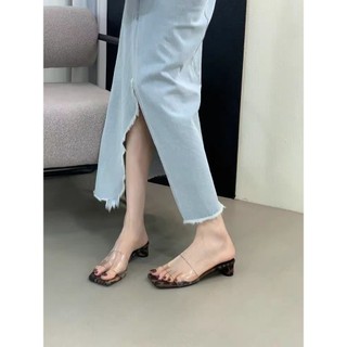 Giày cao gót mũi vuông chunky cho nữ, kiểu slip-on trong suốt