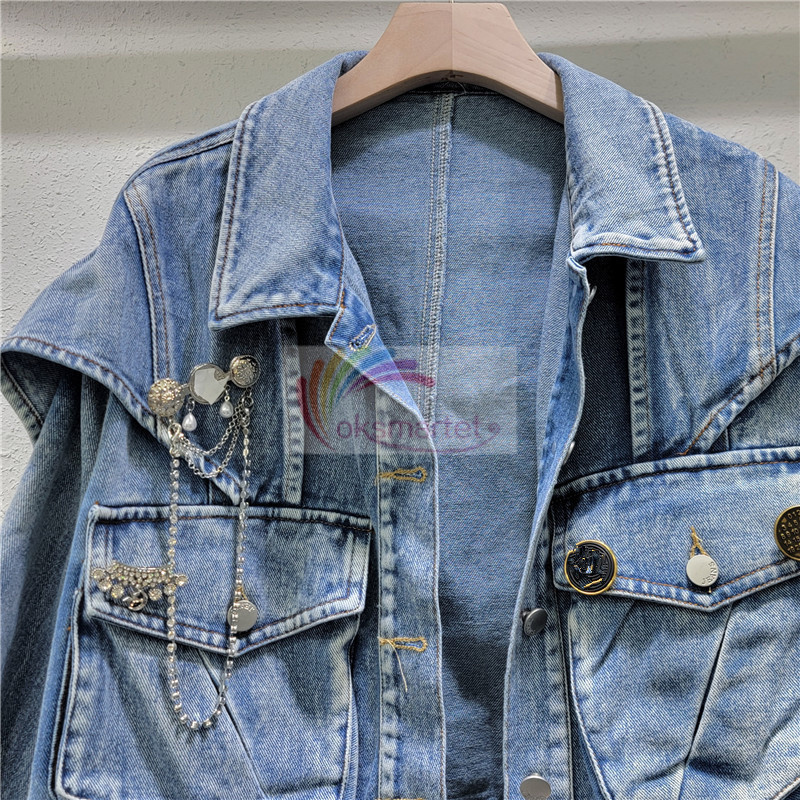 Áo khoác Denim mới đẹp trai Dụng cụ ba chiều Thiết kế bỏ túi Áo khoác Denim ngắn