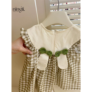 Váy kẻ sọc màu xanh lá cây mẫu mới bé gái váy liền phong cách phương Tây váy công chúa phong cách Hàn Quốc