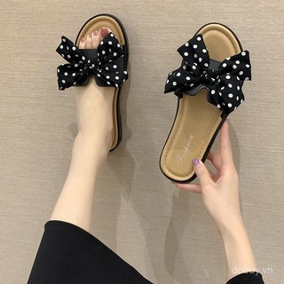 Dép mùa hè phong cách Hàn Quốc cho phụ nữ, giày bãi biển phẳng chấm bi ngoài trời, dép sandal nơ thời trang, dép một dây