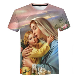 Virgin Mary Graphic Áo nam Nữ 3d In Hình Quá Khổ Áo Bông Tai Kẹp Dạo Phố Tay Ngắn Áo Tee Quần Áo