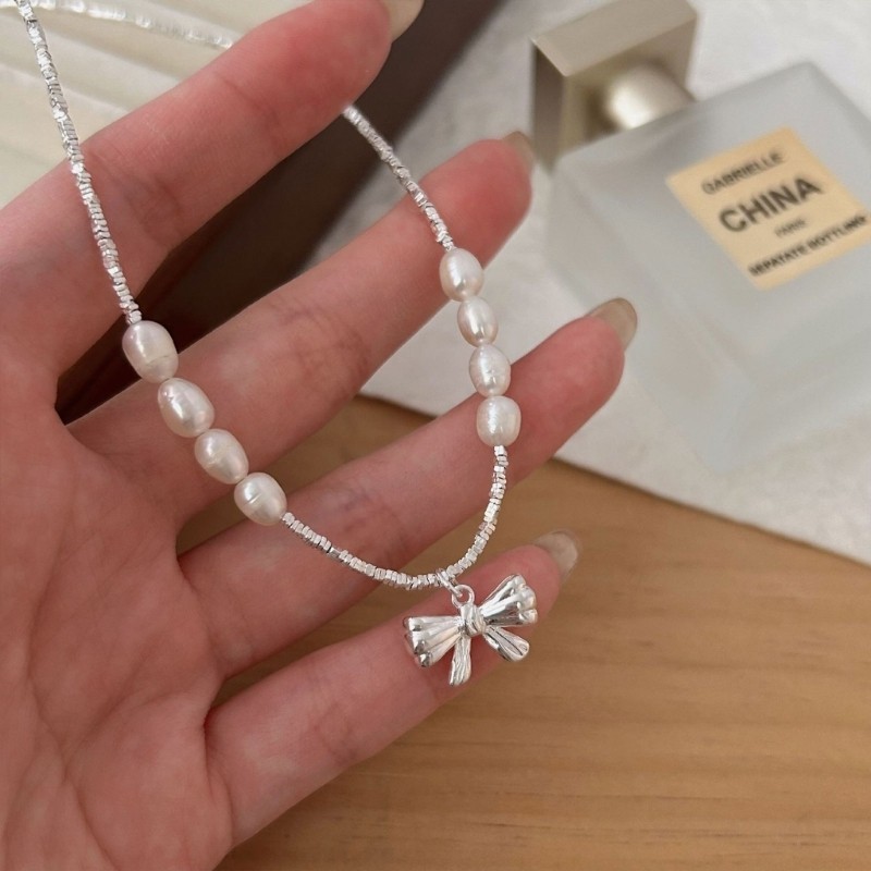 Vua Đơn Giản Nơ Mặt Dây Chuyền Vòng Cổ Xương Đòn Dây Xích Có Thể Điều Chỉnh Choker Ngọt Ngào Thoáng Mát Nơ Ngọc Trai Cổ Vòng Cổ Thời Trang Jewe
