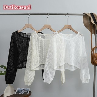 Phụ Nữ Rỗng Che Áo Sơ Mi Cổ Tròn Dài Tay Áo Summe Thời Trang Size Lớn Áo Sơ Mi Đan Ngắn