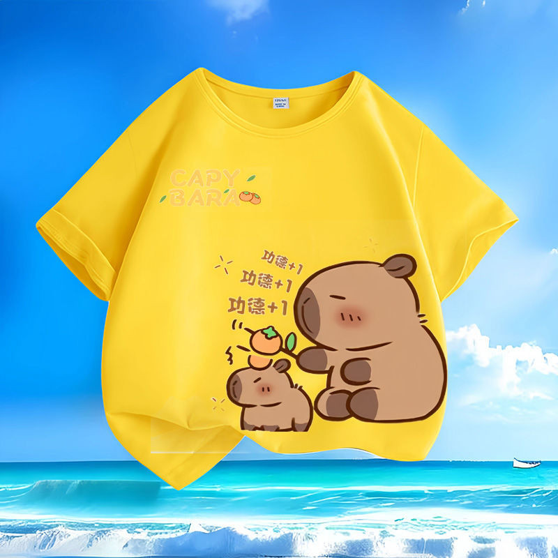 Áo thun trẻ em Capybara 2024 đáng yêu cho mùa hè Áo cổ tròn tay ngắn mới