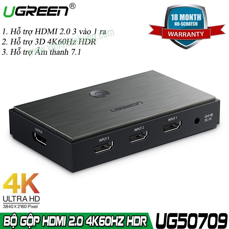 Bộ gộp HDMI 3 ra 1 Ugreen 50709 CM118 (HDMI 2.0 3D 4K@60Hz HDR có ...