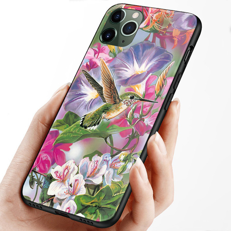 Ốp Điện Thoại Kính Cường Lực Hoa Và Chim Ruồi Cho IPhone 15 14 13 12 11 Pro XS Max Plus Mini X XR 8 7 6s SE2 / 3