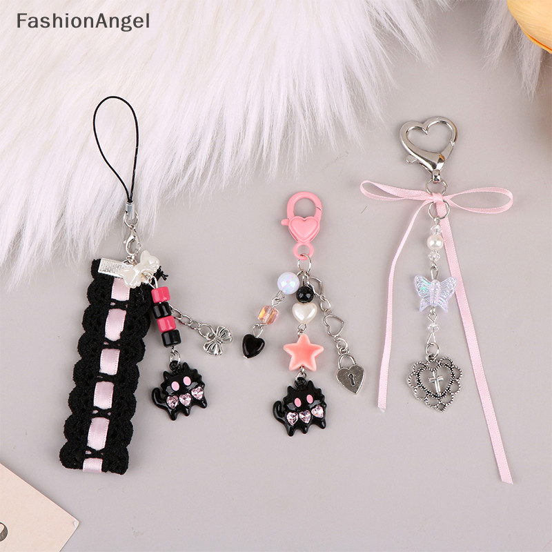 Fashionangel Gothic Ruy Băng Con Chó Con Dây Xích Điện Thoại Chữ Thập Tình Yêu Móc Khóa Mặt Dây Chuyền Tai Nghe Ngọt Ngào Chống Mất Dây Túi Trang Trí TH