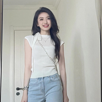 Suxi Retro Mùa Hè Mới Tối Giản Slim Fit Nơ Cổ Tròn Tay Ngắn Dệt Kim Áo Thun Nữ Top 240627