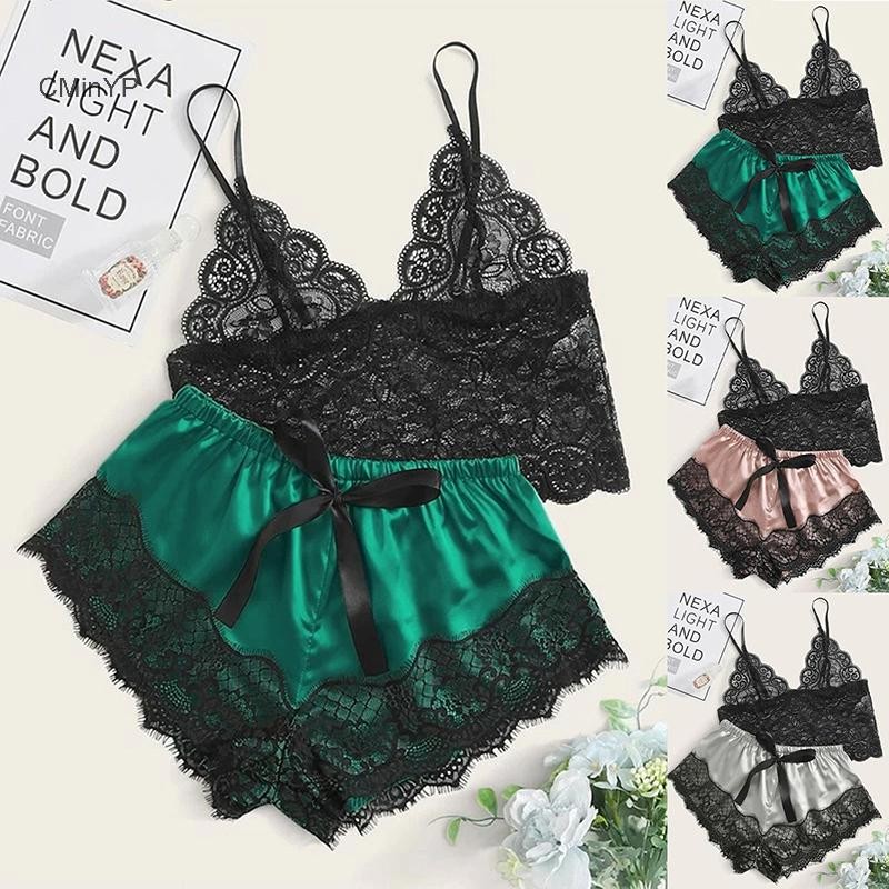 Cminyp 1 Bộ Đồ Ngủ Nữ Ren Babydoll Crop Top Quần Short Váy Ngủ