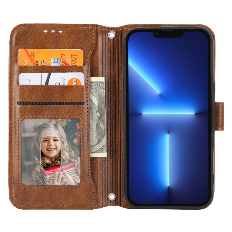 Dành Cho IPhone 16E 16 15 14 Plus 13 12 11 Pro Max Nâu Họa Tiết Da Sang Trọng Dây Kéo Lật Bao Da Đứng Ví Điện Thoại