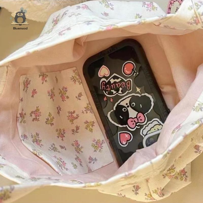 [Bluemood] Túi Tote họa tiết hoa vỡ dung tích lớn thời trang ngọt ngào với nơ ren Túi xách lưu trữ Túi xách vải mới