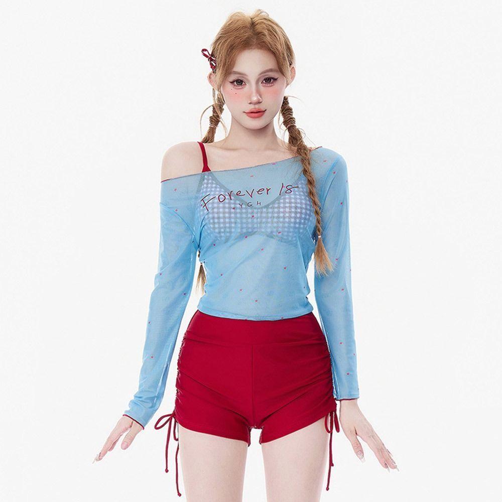 Hobbyin 4 Cái / bộ Bikini, Đồ bơi nữ thêu màu xanh Y2k, Áo Crop top chống nắng mùa hè