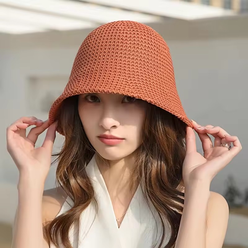Mũ Rơm Dệt Hàn Quốc - Mũ Chống Nắng Ngoài Trời Rỗng - Thoáng Khí, Nhẹ, Có Thể Gập Lại - Phù Hợp Thường Ngày Mùa Hè - Show Face Small - Mũ Ngư Dân Bé Gái