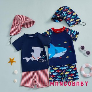 Mg-baby Bộ Đồ Bơi Bé Trai Tập Đi In Hình Cá Mập Tay Ngắn Rash Guard Áo Bơi Quần Short Mũ Chống Nắng 3 Bộ Đồ Tắm Trang Phục