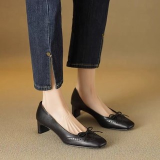 Giày cao gót mũi vuông chunky cho nữ, kiểu dáng slip-on, miệng nông, có nơ