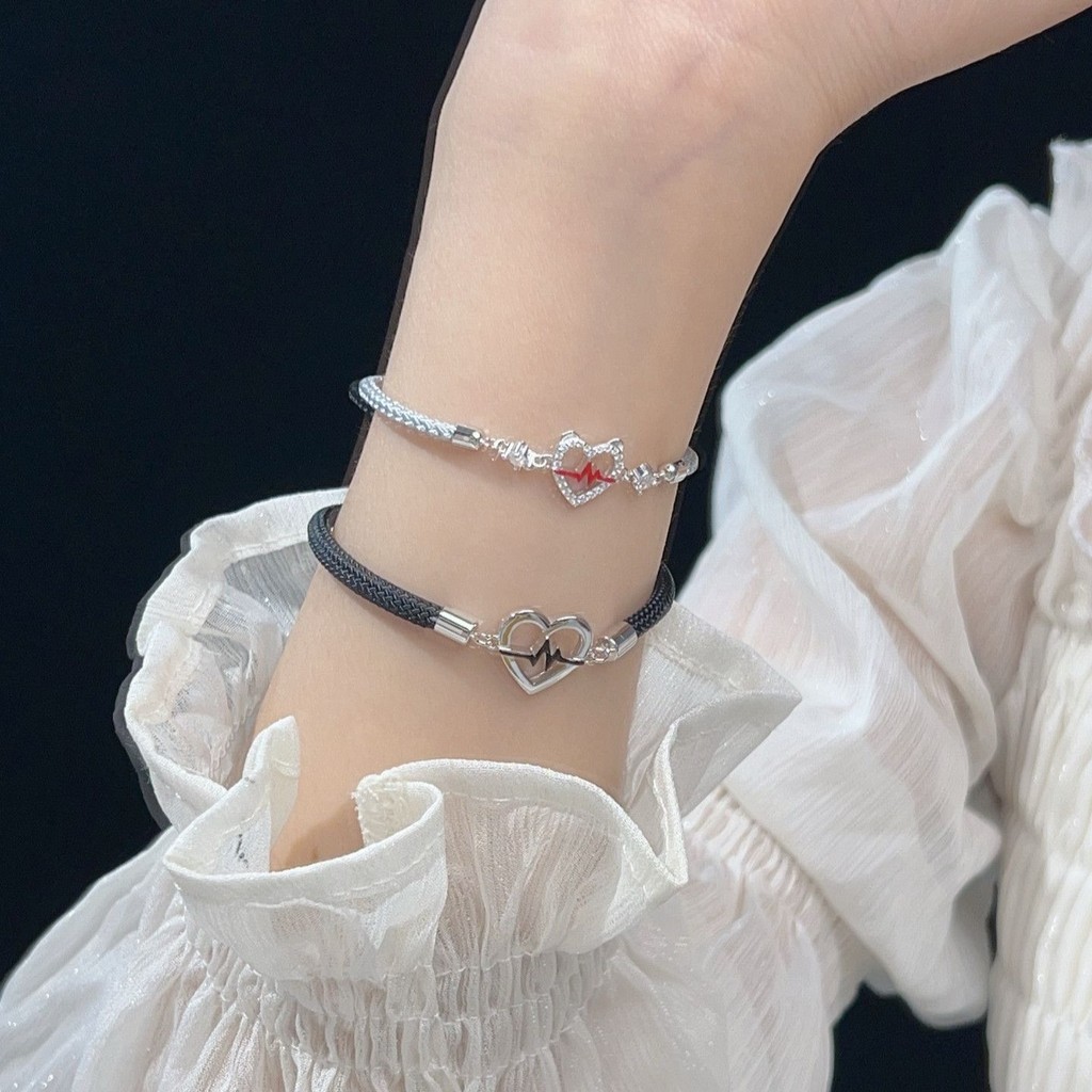 Vòng tay cặp đôi tín hiệu nhịp tim bạc unisex khắc niche sang trọng nhẹ nhàng quà tặng Valentine cho bạn trai hoặc bạn gái KZR6