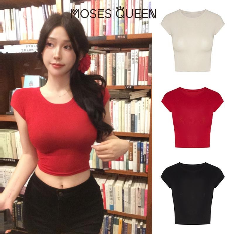 MOSESQUEEN Cô Gái Cay Crop Lộn Áo Thun Ngắn Đa Năng Slim Fit Cổ Tròn Đồng Hồ Cát Eo Tay Ngắn Nữ #62169