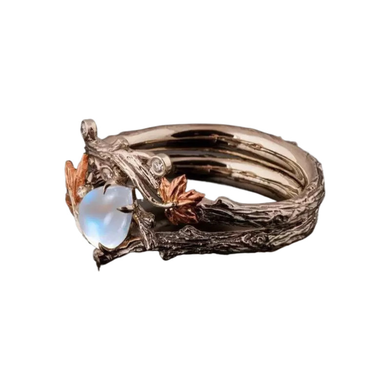 Nhẫn nữ thời trang mới sang trọng nhẹ nhàng retro vàng lá phong opal