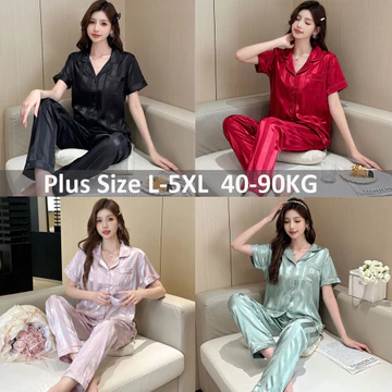 Hàng sẵn có dành cho nữ Plus Size L-5XL Bộ đồ ngủ tay ngắn bằng lụa Satin Bộ đồ ngủ sọc Bộ đồ nữ Bộ đồ Đồ Đồ mặc nhà Bộ đồ ngủ