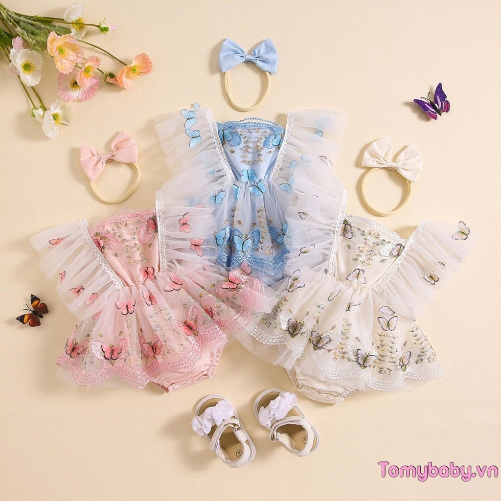 Bé Gái Rompers Ren Viền Họa Tiết Bướm Thêu Bay Tay Áo Tulle Viền Body Quần Áo + Băng Đô