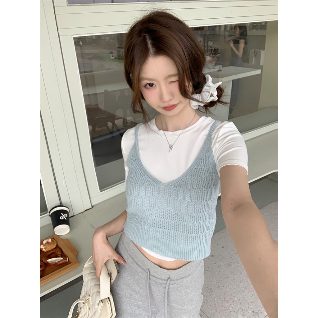 Suxi - Áo thun dệt kim ngắn cổ chữ V rắn mùa hè mới dành cho nữ 240428