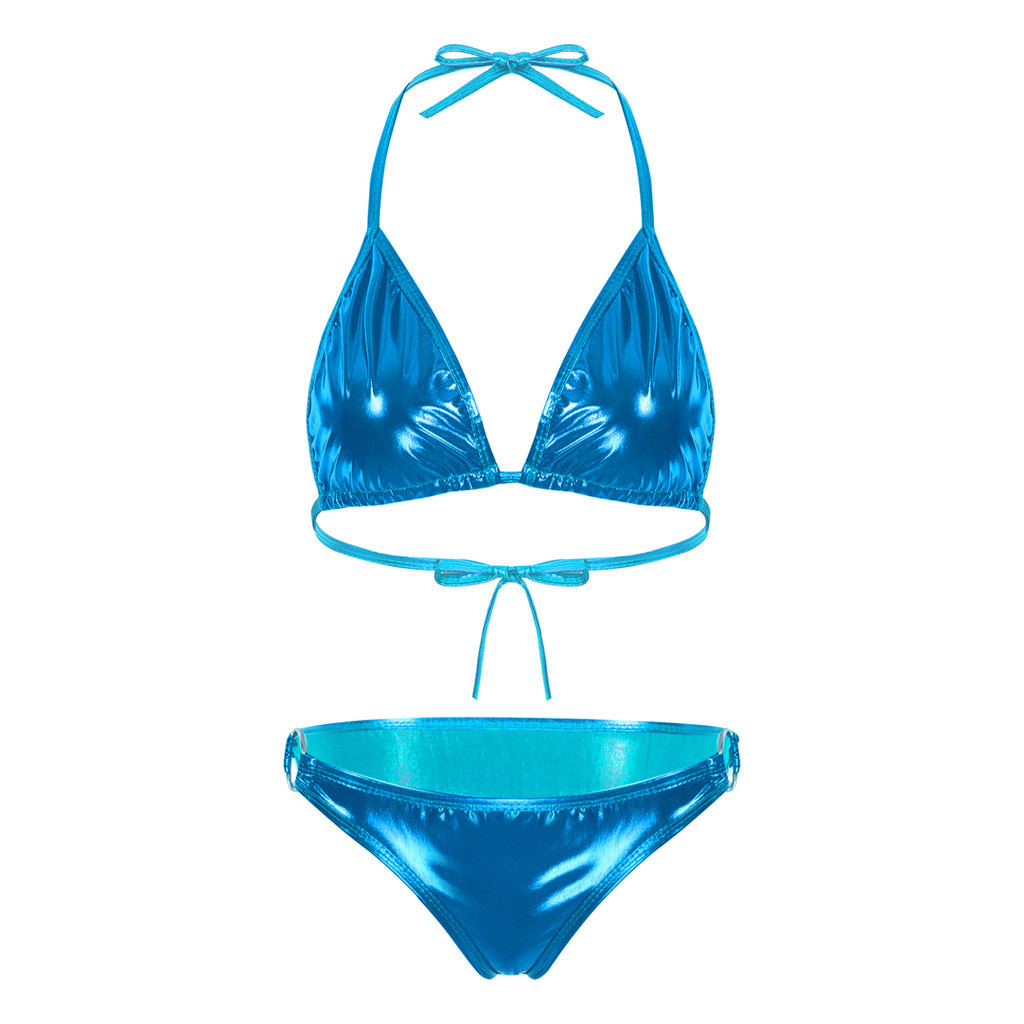 YOOJOO Nữ Kim Loại Sáng Bóng Bikini Đồ Bơi Bể Bơi Đảng Bộ Đồ Tắm Dây Áo lót Có Vòng Chữ O Quần Đùi