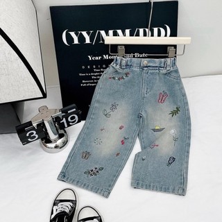 Q12-[Dưới 1m32] Quần jean ống rộng thêu nơ cho bé gái size từ 8-30Kg