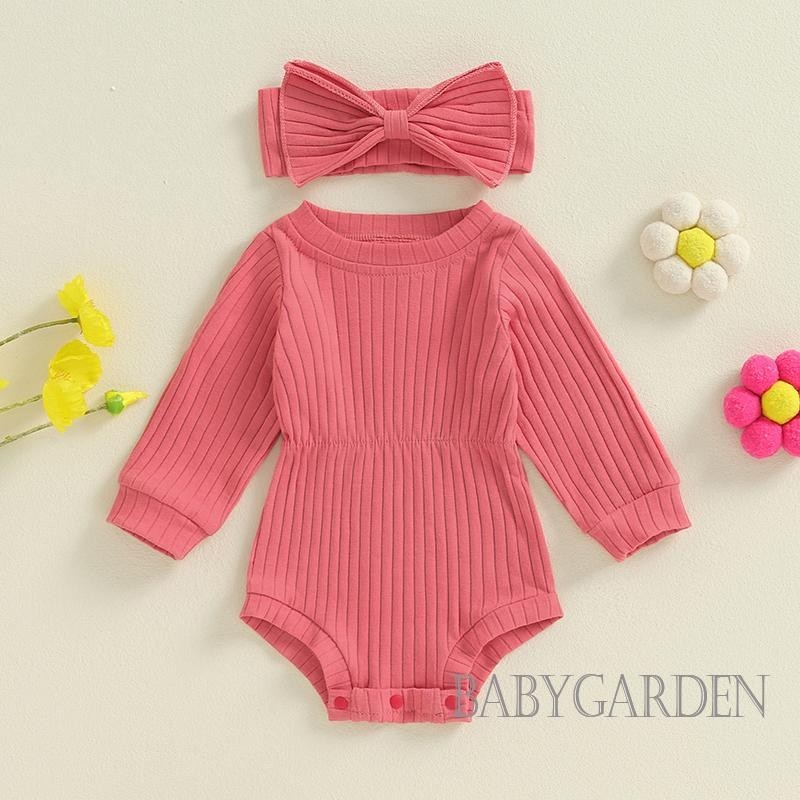 Baga-bộ đồ liền thân mùa thu cho bé gái / Áo liền quần dài tay có gân màu trơn / Băng đô dễ thương / Trang phục trẻ sơ sinh