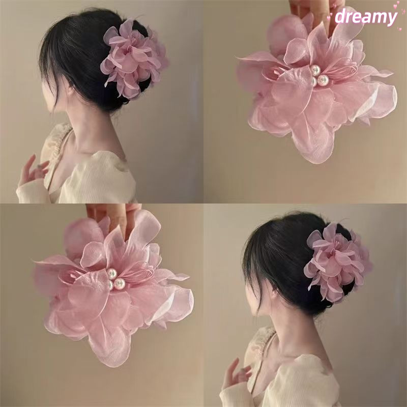 💕Dreamy💕2025 Voan Lưới Hoa Kẹp Tóc Màu Hồng Thanh Lịch Cao Cấp Cá Mập Kẹp
