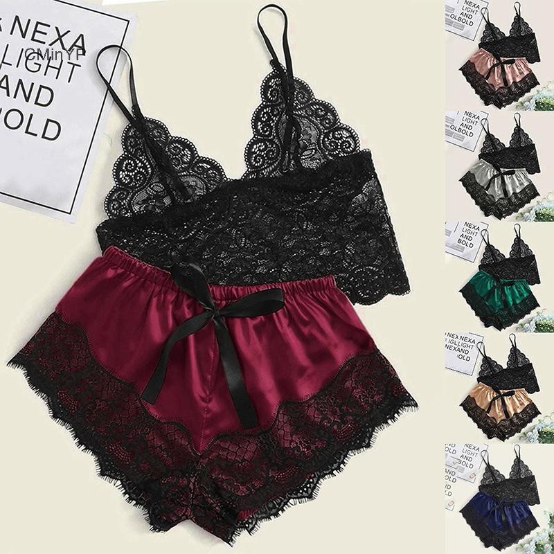 Cminyp 1 Bộ Đồ Ngủ Nữ Ren Babydoll Crop Top Quần Short Váy Ngủ