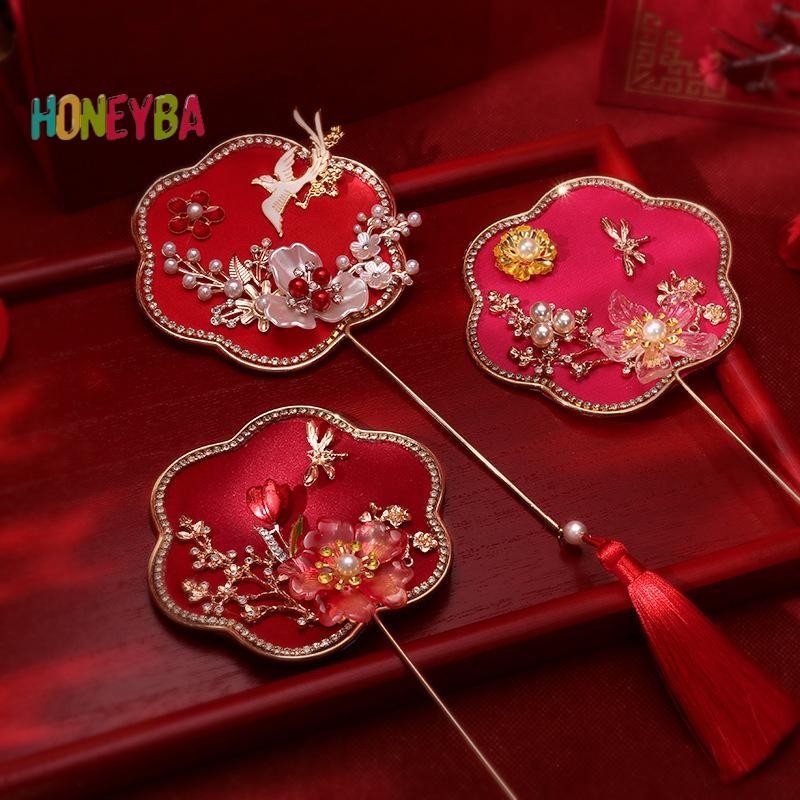 < Honeyba > Quạt Chúc May Mắn Retro Trung Quốc Đám Cưới Quạt Hoa Cầm Tay Có Dép Cổ Tinh Tế Mặt Dây Chuyền Quà Tặng