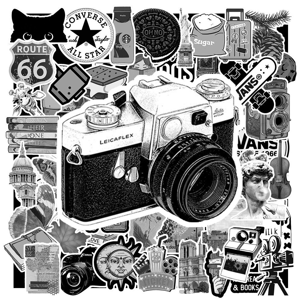 Hộp 50 Sticker Hình VINTAGE TRẮNG ĐEN Decal Phản Quang 7 Màu Halogram Chống Nước NSX Gì Cũng In | MS: 000184