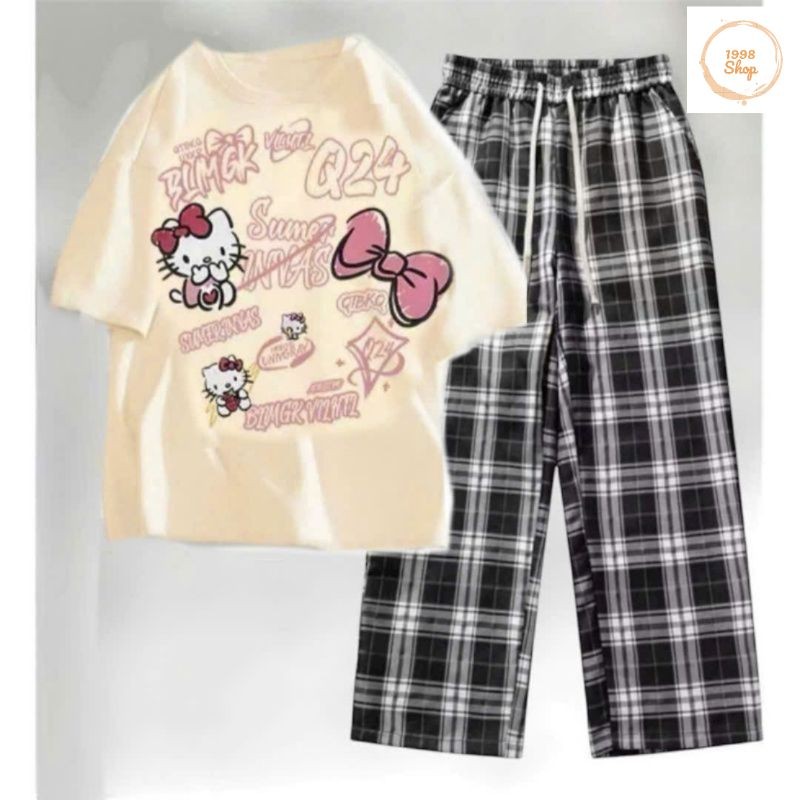 Tổng Hợp Các Sét Quần Ống Rộng + Mix Áo Phông Hình Mèo HÊ LÔ KÍT TI form rộng tay lỡ cotton - Hình Mèo Màu BE
