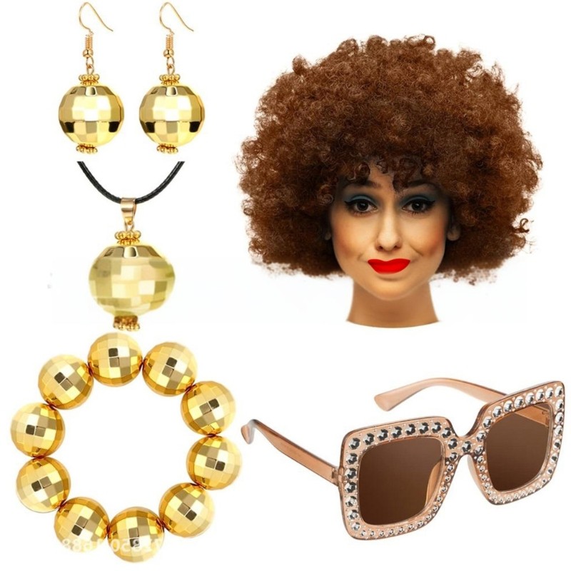 OXXGGKAO 70s Trang Phục Nữ Disco Trang Phục Kính Bông Tai Vòng Tay Phụ Kiện Halloween