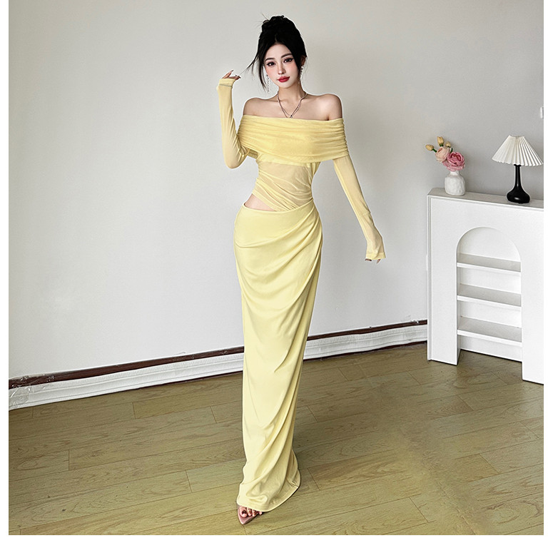 Klalien Xếp Chồng Lưới Xếp Ly Nữ Đầm Maxi Thời Trang Nóng Nhìn Xuyên Qua Full Tay Tắt Vai Bodycon Mujer Gợi Cảm Độc Đáo Đảngwear