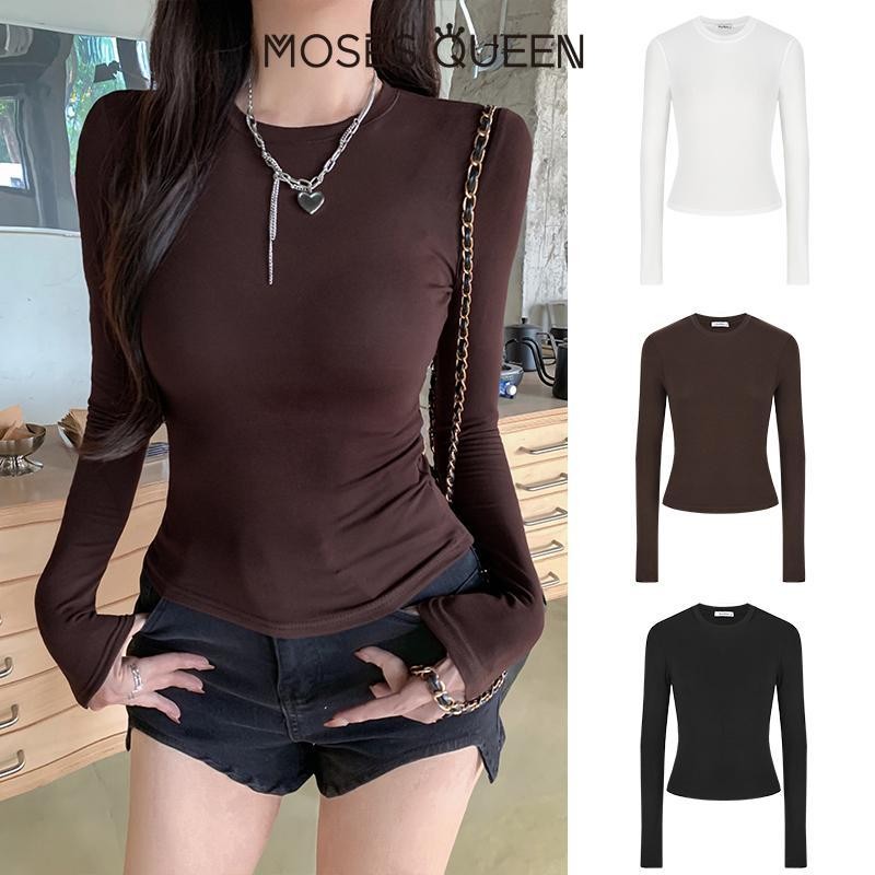 MOSESQUEEN Áo thun dài tay Slim Fit của Mỹ dành cho nữ Mùa hè 2025 Phong cách mới Cô gái cay Áo sơ mi đế ngắn màu trơn Áo sơ mi hàng đầu #62220-62145