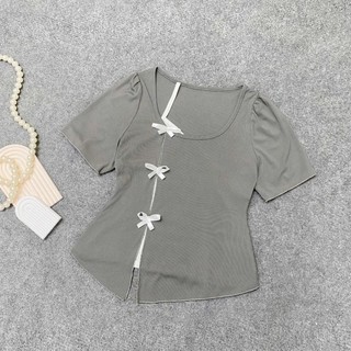 Áo thun Bigsize nữ kiểu tiểu thư cổ tim vạt xẻ gắn nơ xinh vải gân tăm co giãn thoải mái ôm tôn thon gọn dáng - A273