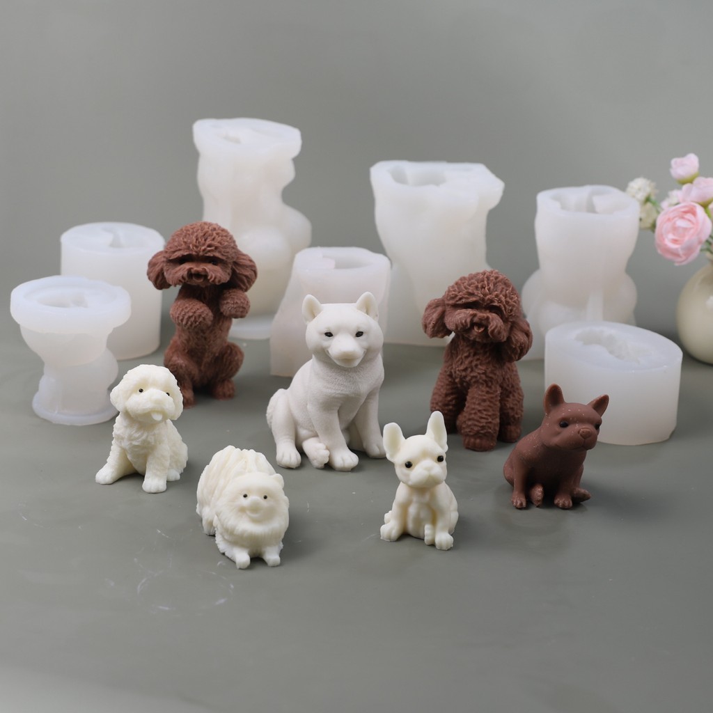 Khuôn silicon 3D hình chó Shiba Inu/Teddy/Bull Dog, khuôn nến thơm DIY, trang trí bánh sô cô la