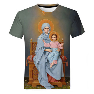 Virgin Mary Graphic Áo nam Nữ 3d In Hình Quá Khổ Áo Bông Tai Kẹp Dạo Phố Tay Ngắn Áo Tee Quần Áo