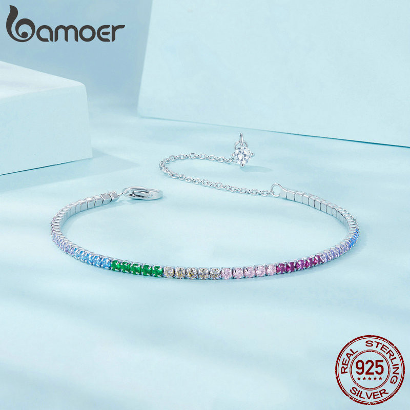 Bamoer 925 Sterling Sliver Vòng Tay Trang Sức Cầu Vồng Quà Tặng Cho Nữ