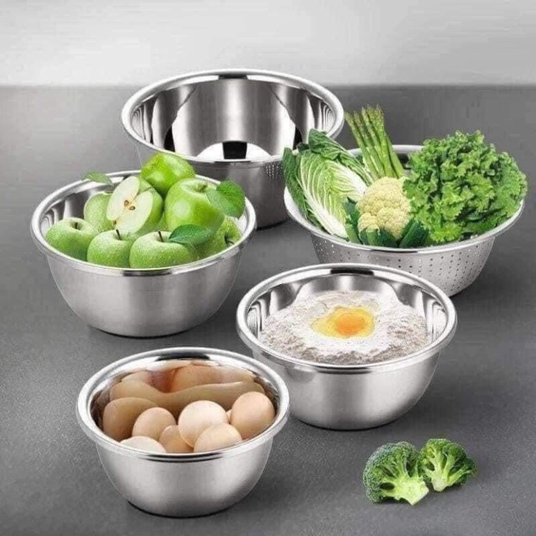 Bộ 5 rổ chậu inox 304 Cao Cấp, combo 5 chậu inox kèm rổ | Shopee Việt Nam